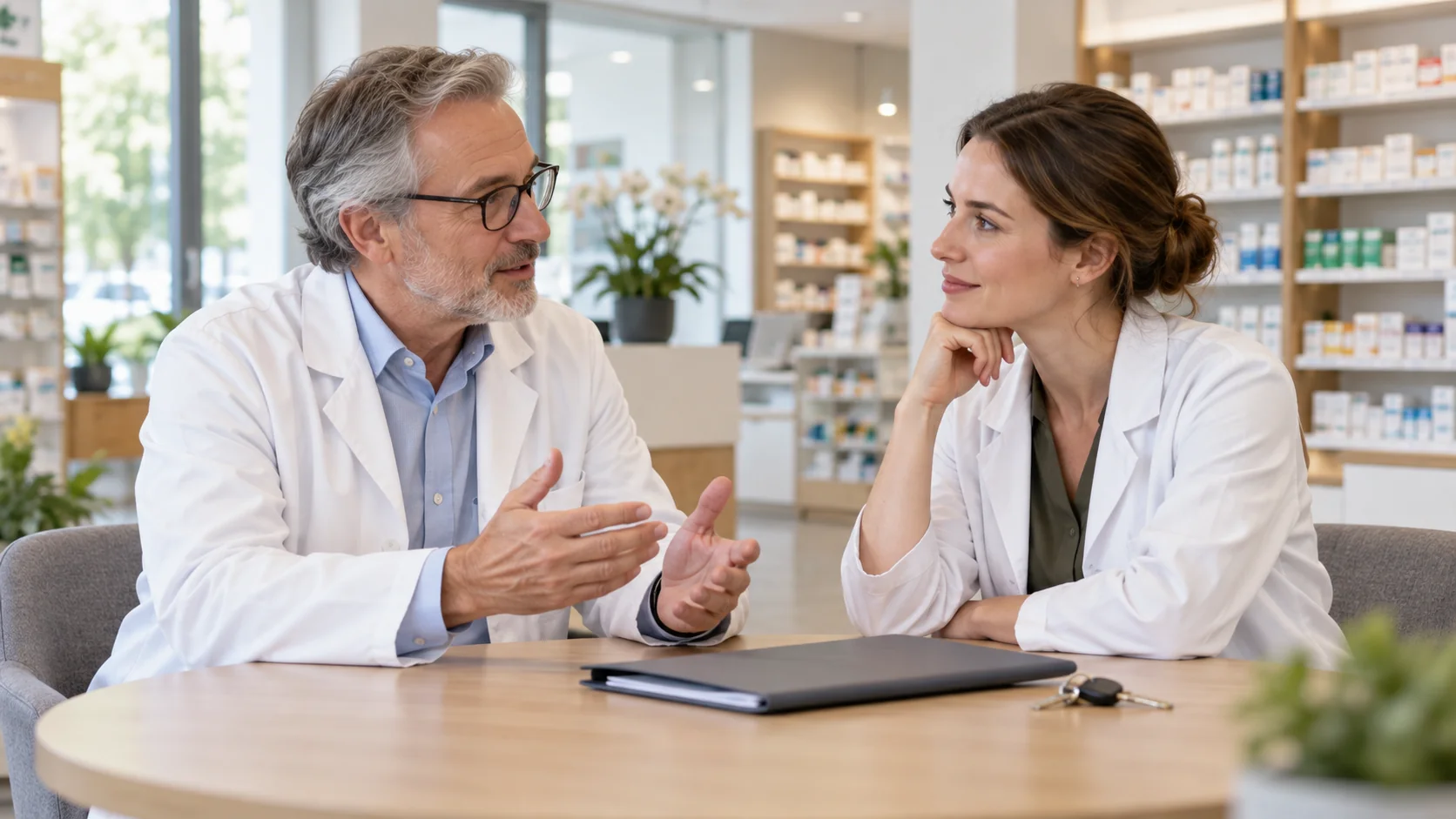 Apothekeninhaber und Interessentin besprechen die geplante Nachfolge