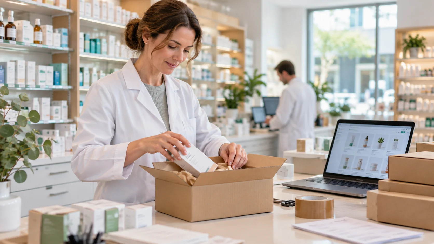 Apothekerin verpackt eine Onlinebestellung neben dem geöffneten Apothekenshop