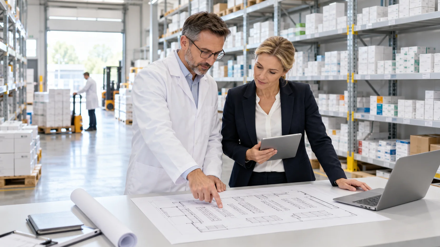 Apotheker und Kollegin planen die Abläufe eines eigenen Arzneimittelgroßhandels im Lager