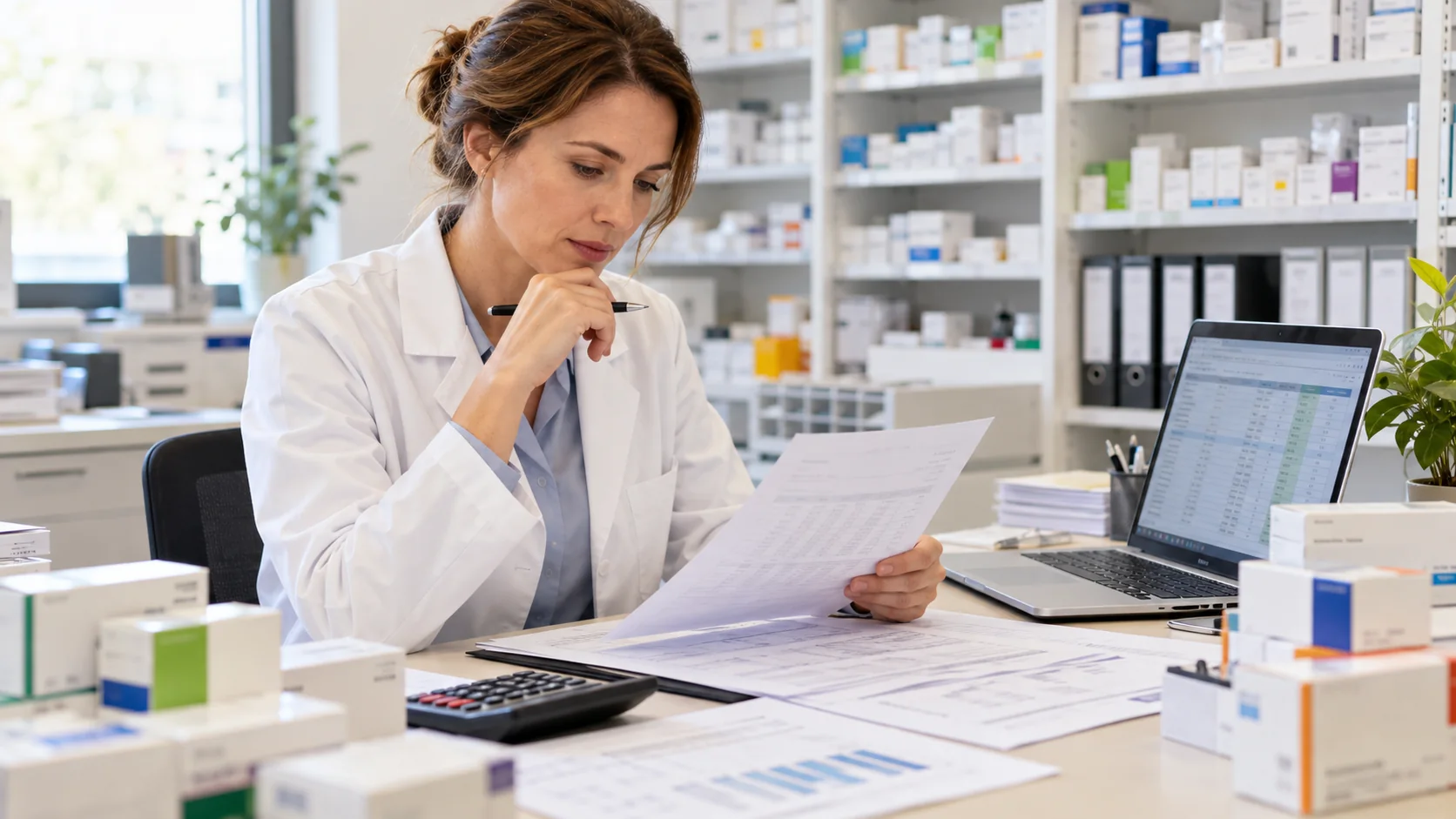 Apothekerin vergleicht Lieferantenangebote und Einkaufskonditionen am Schreibtisch
