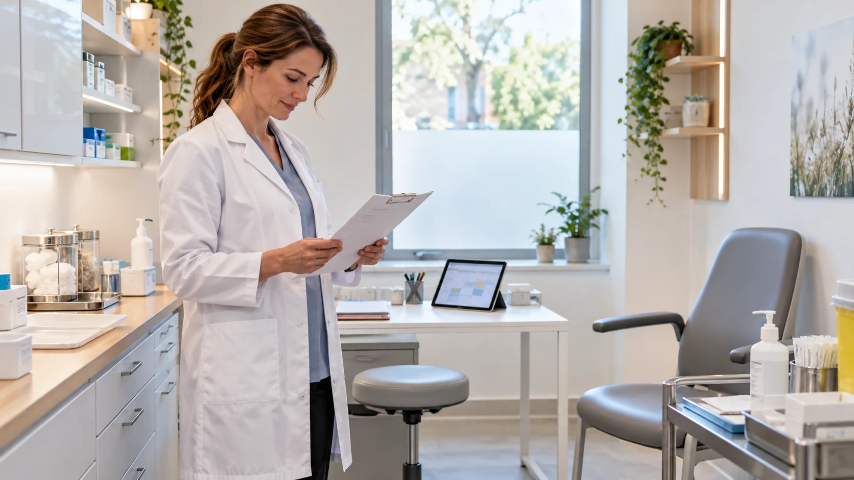 Apothekerin organisiert Impftermine mit Checkliste und Tablet im Beratungsraum