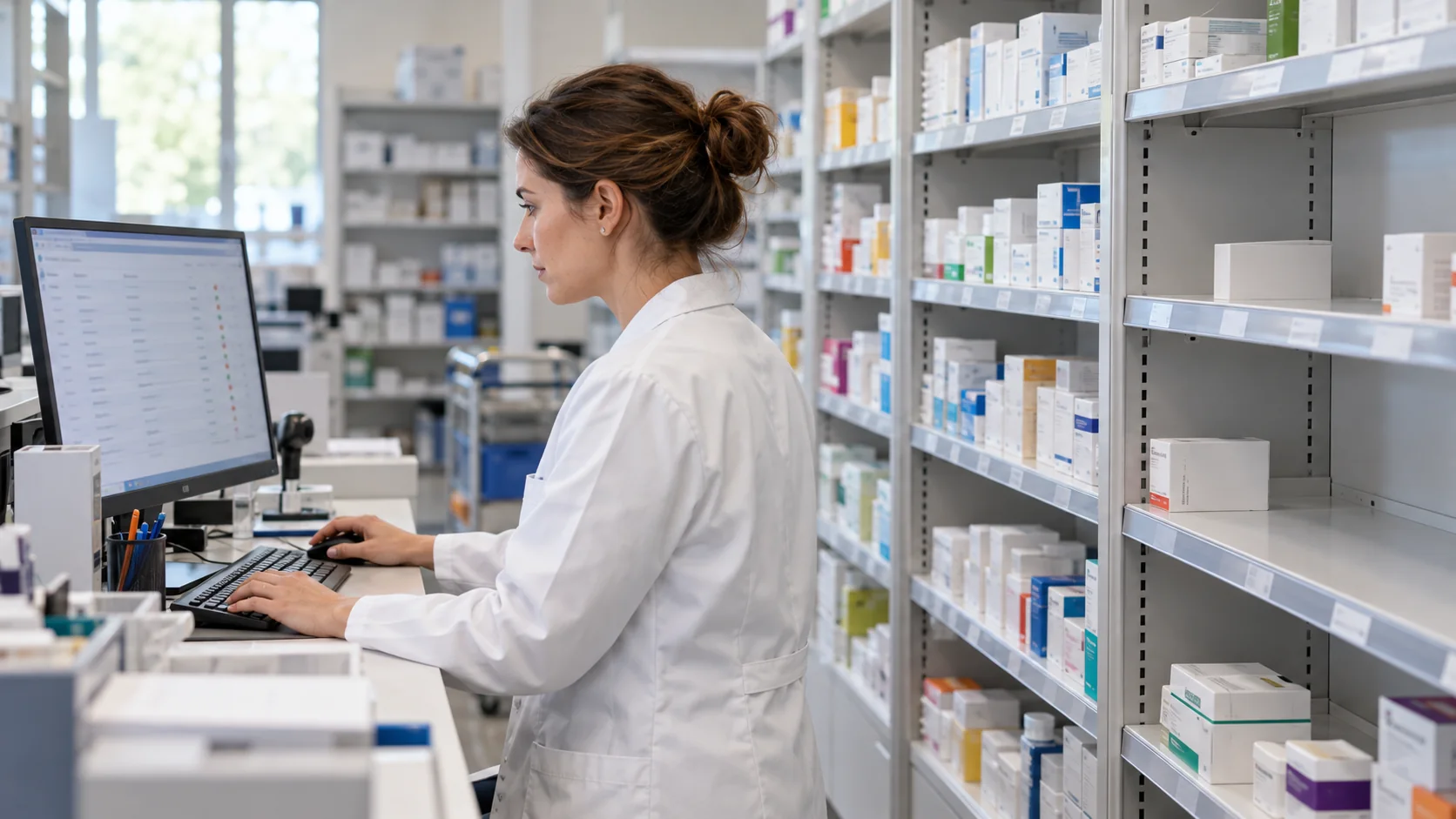 Apothekerin prüft die Arzneimittelverfügbarkeit am Computer im Warenlager