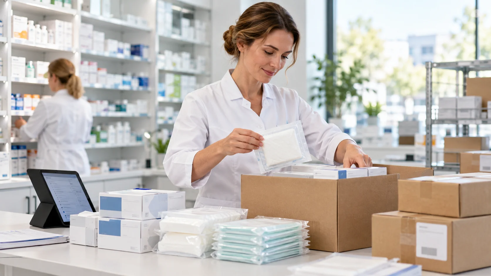 Apothekerin bereitet Praxisbedarf und Verbandmaterial für eine Lieferung vor